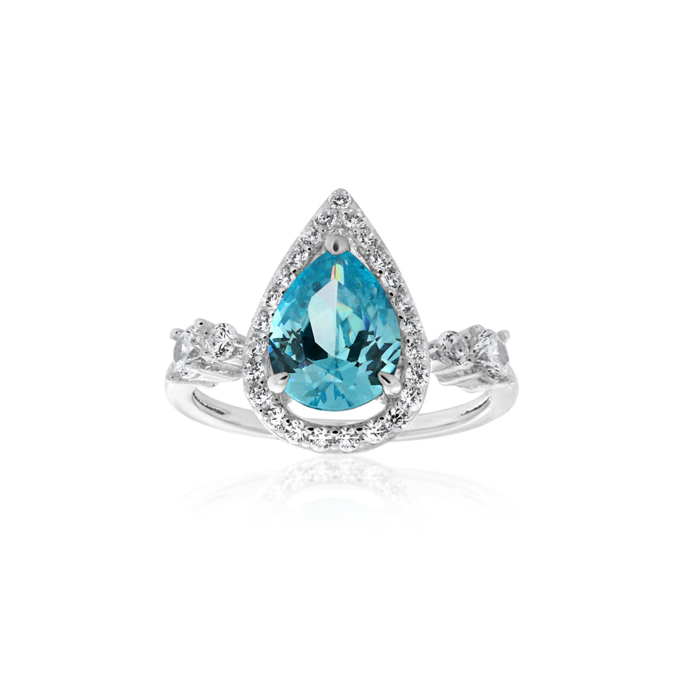 Sterling Silver Blue and White Zirconia Pear Shape Ring