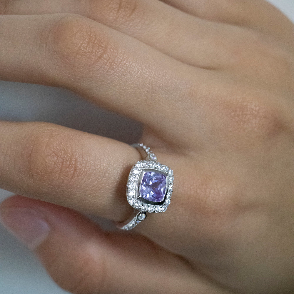 Sterling Silver Lavender and White Zirconia Square Halo Ring