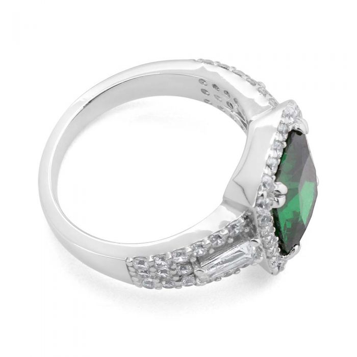 Sterling Silver Green and White Zirconia Halo Cushion Cut Ring