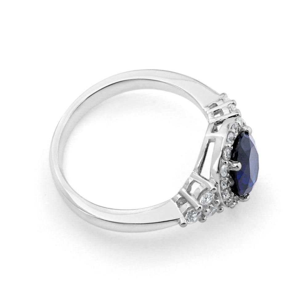 Sterling Silver Created Sapphire and White Zirconia Oval Ring