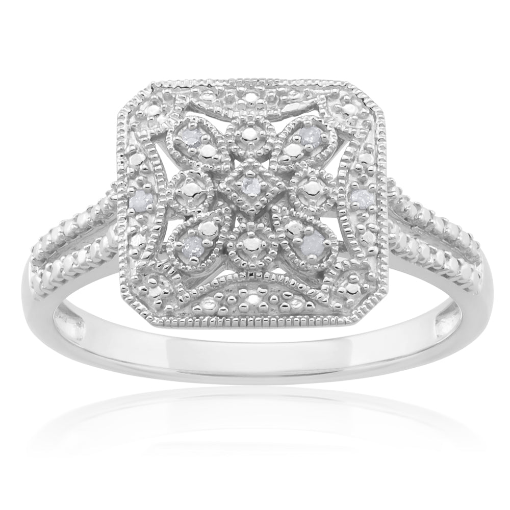 Sterling Silver 0.03 Carat Diamond Ring with 6 Brilliant Cut Diamonds