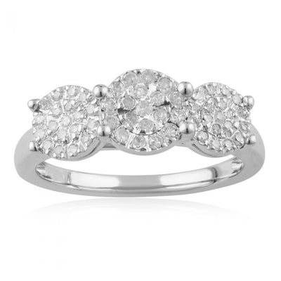 Sterling Silver Diamond Trilogy Ring with 57 Brilliant Cut Diamonds 
