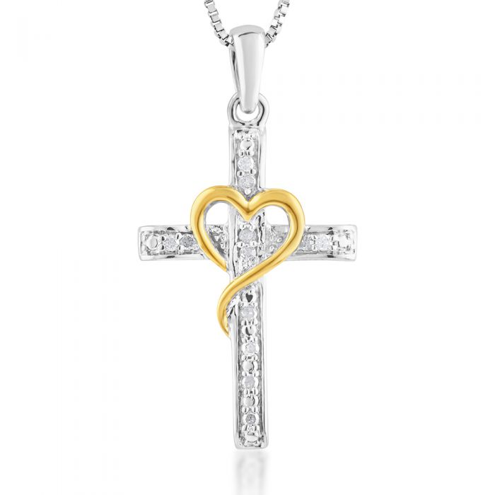 Sterling Silver Diamond Cross Pendant with Yellow Heart Accent on 45cm Silver Chain