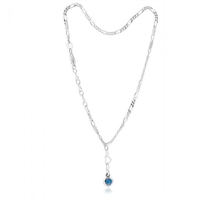 Sterling Silver Blue Heart Charm 25cm Figaro Anklet