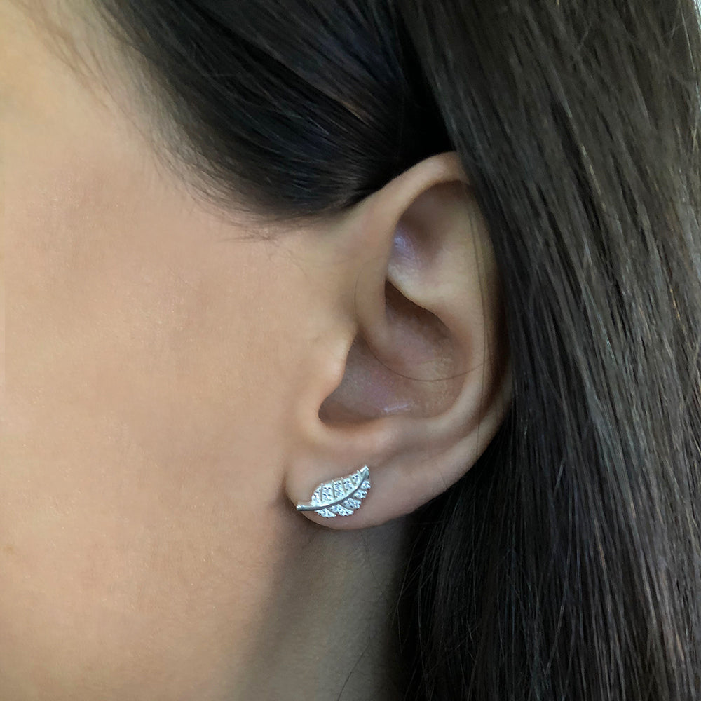 Sterling Silver Zirconia Leaf Stud Earrings