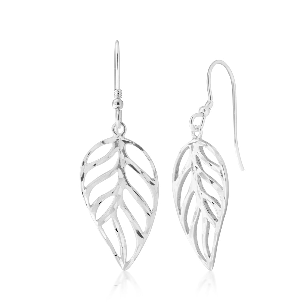 Sterling Silver Open Leaf Drop Earrings