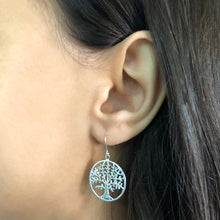 Load image into Gallery viewer, Sterling Silver Tree of Life in Circle Drop Earrings