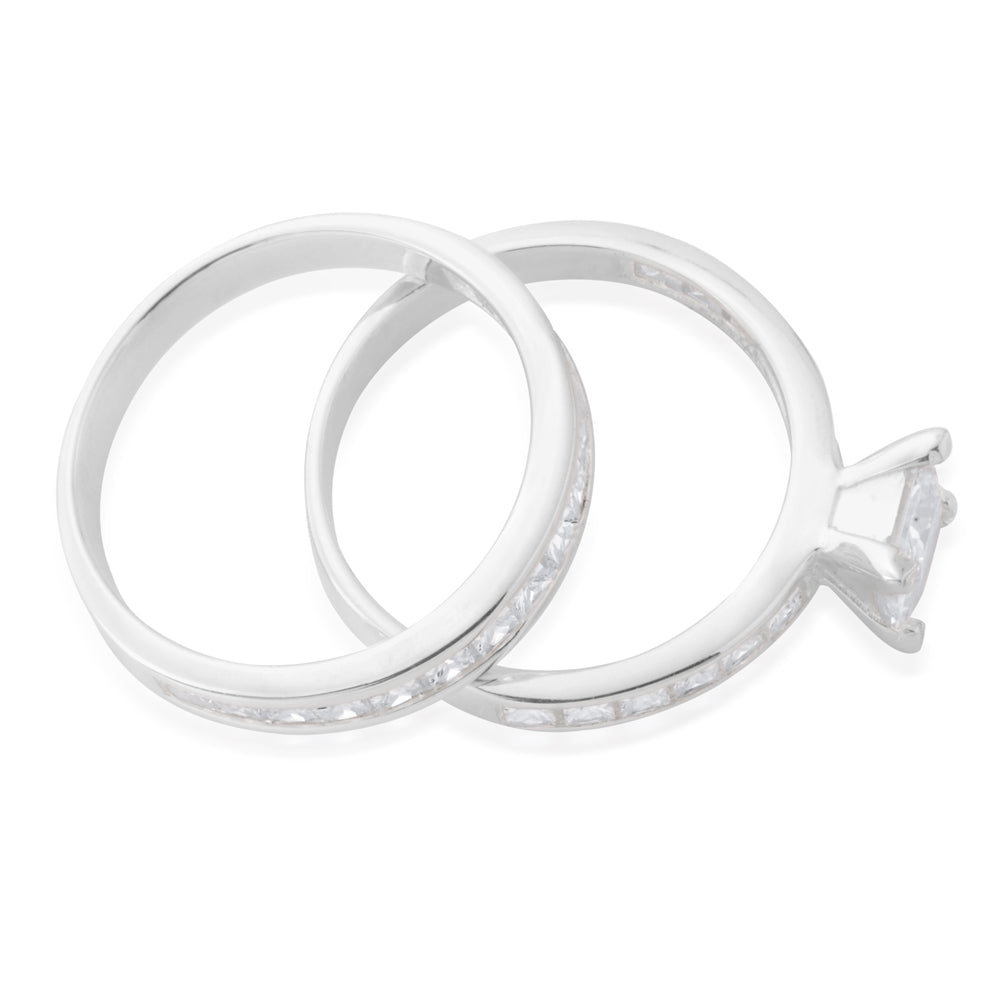 Sterling Silver Zirconia Princess Cut + Round 2 Ring Set