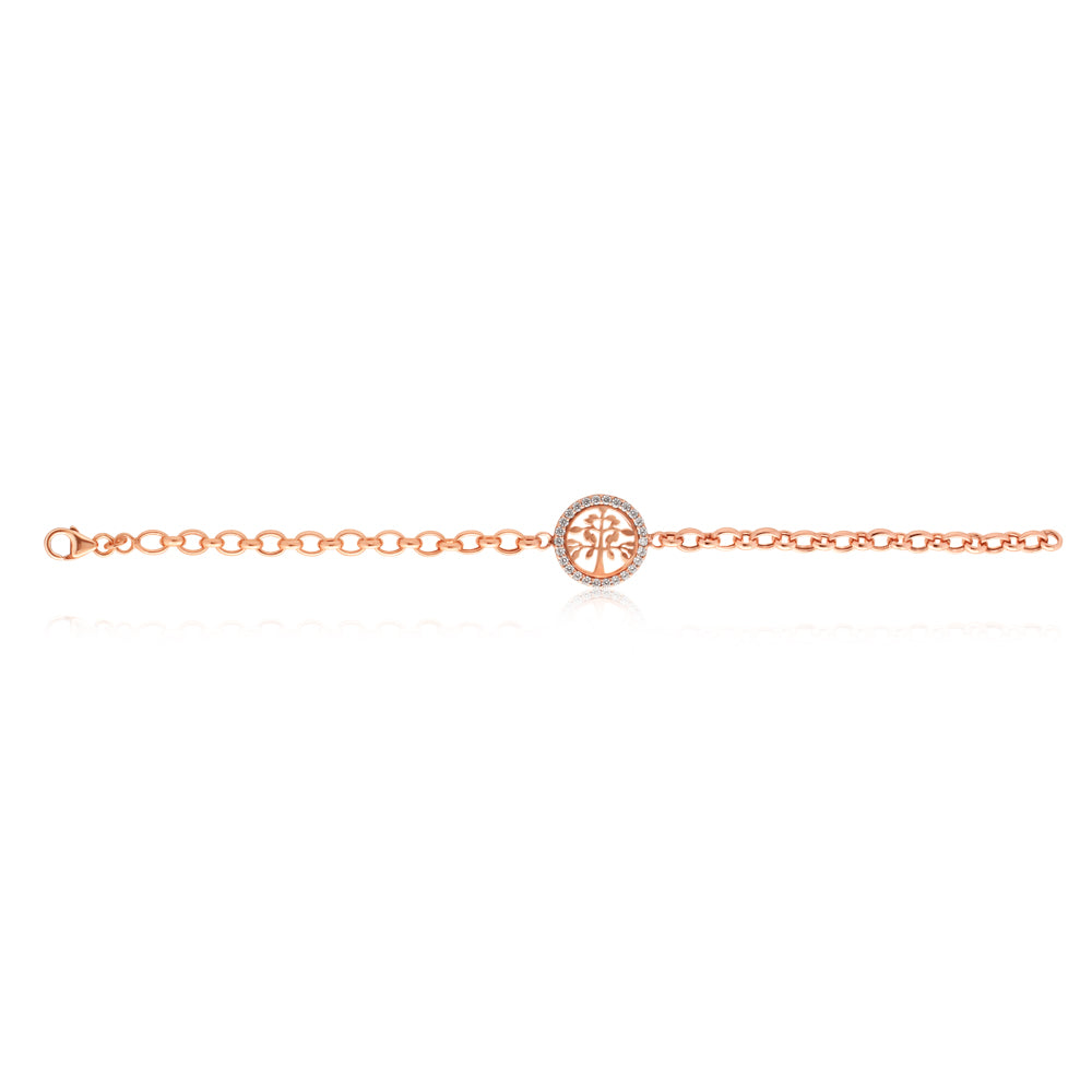 Sterling Silver Rose Plated 19cm Fancy Zirconia Disc on Belcher Bracelet