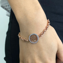 Load image into Gallery viewer, Sterling Silver Rose Plated 19cm Fancy Zirconia Disc on Belcher Bracelet