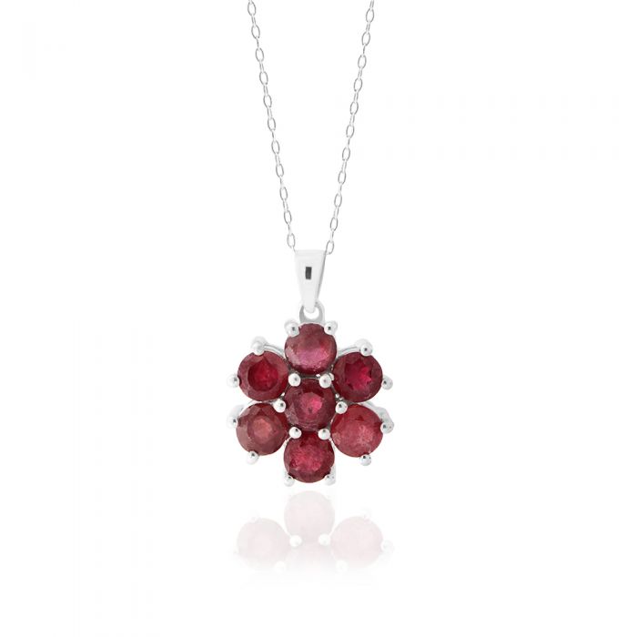 Sterling Silver Natural Enhanced Ruby Flower Pendant on 45cm Chain