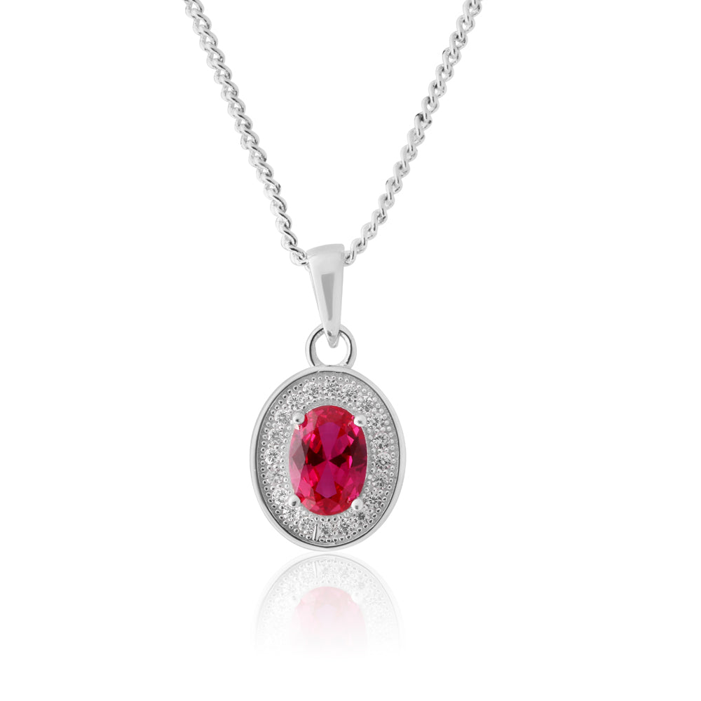 Sterling Silver Created Ruby and Zirconia Oval Pendant