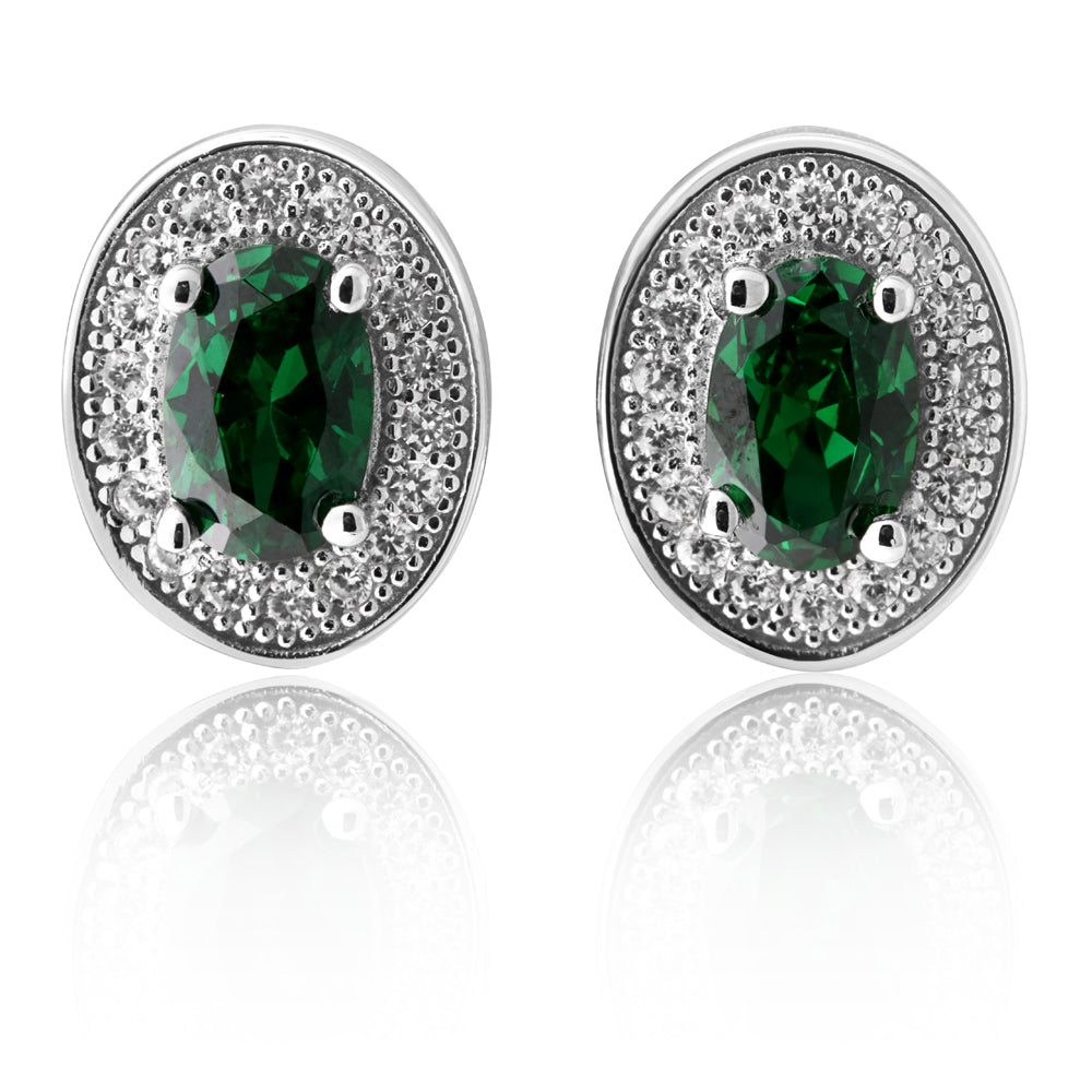Sterling Silver Created Emerald and Zirconia Oval Halo Studs