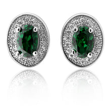 Load image into Gallery viewer, Sterling Silver Created Emerald and Zirconia Oval Halo Studs