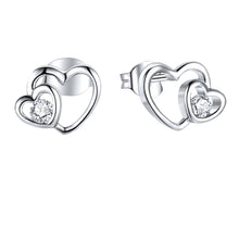 Load image into Gallery viewer, Sterling Silver Zirconia Double Heart Stud Earrings