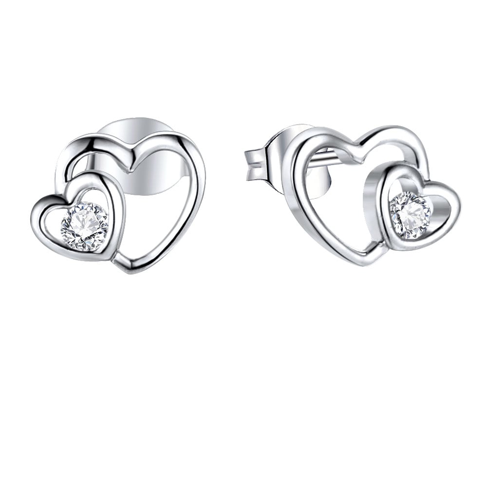 Sterling Silver Zirconia Double Heart Stud Earrings