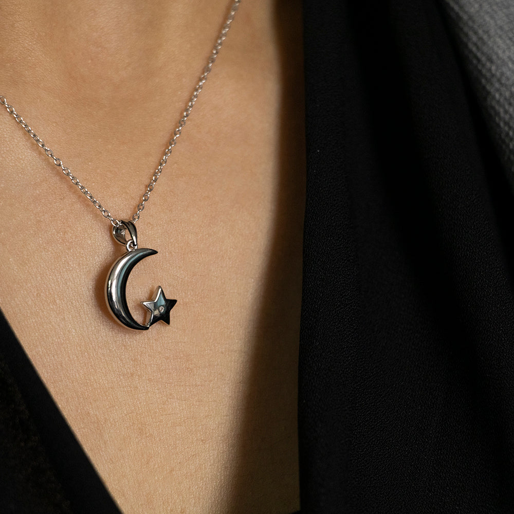 Sterling Silver 1 Diamond Moon and Star Pendant on 45cm Silver Chain