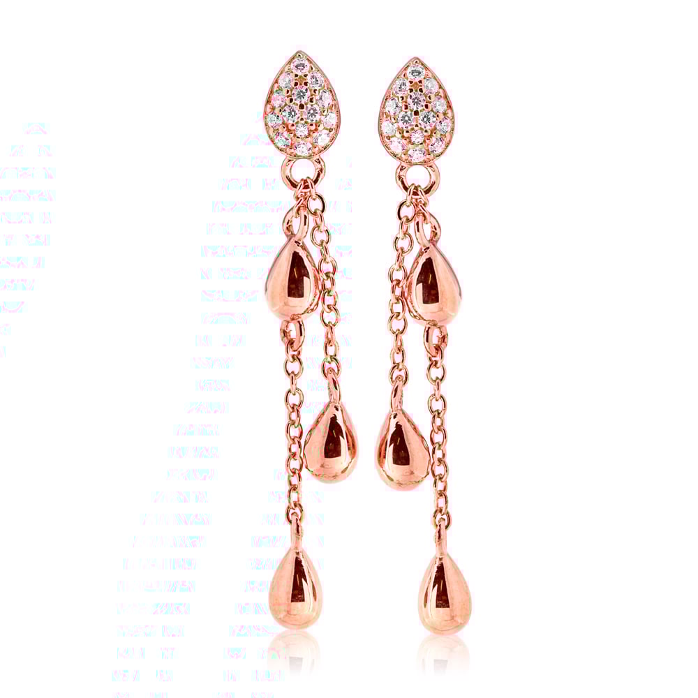 Sterling Silver Rose Plated Zirconia Double Chain Drop Earrings