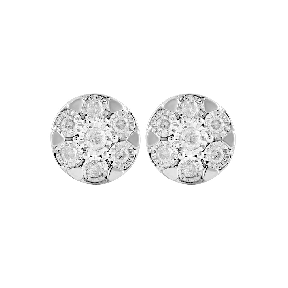 Silver 1/2 Carat Diamond Stud Earrings with 14 Brilliant Diamonds