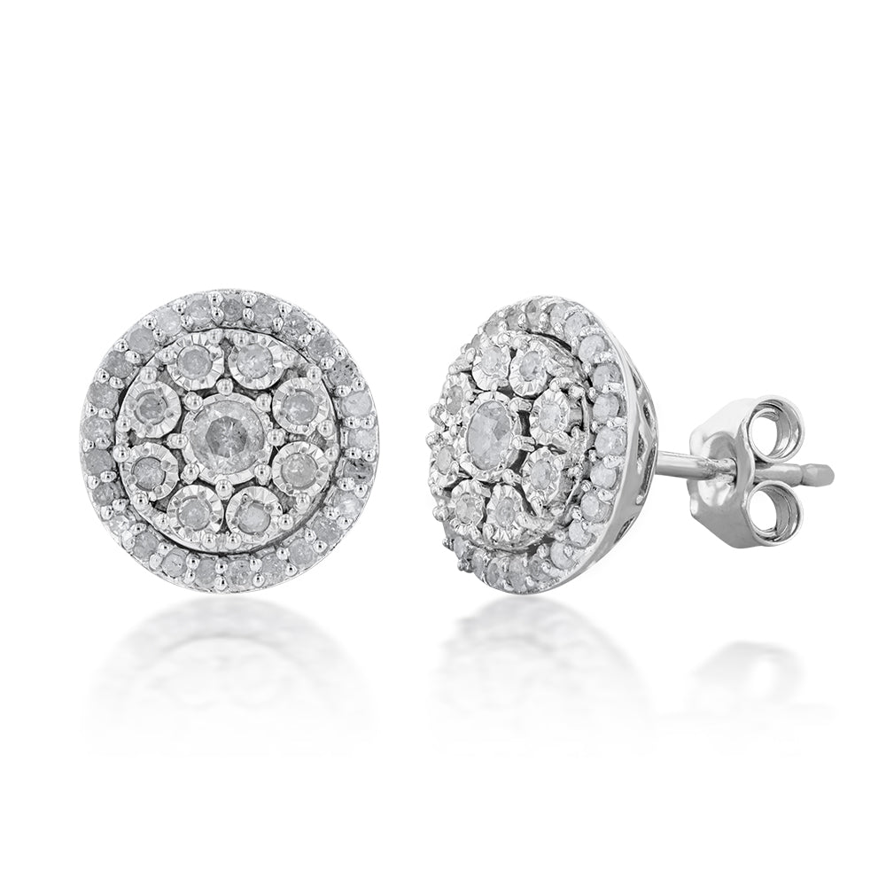 Silver 1/2 Carat Stud Diamond Earrings with 68 Brilliant Diamonds