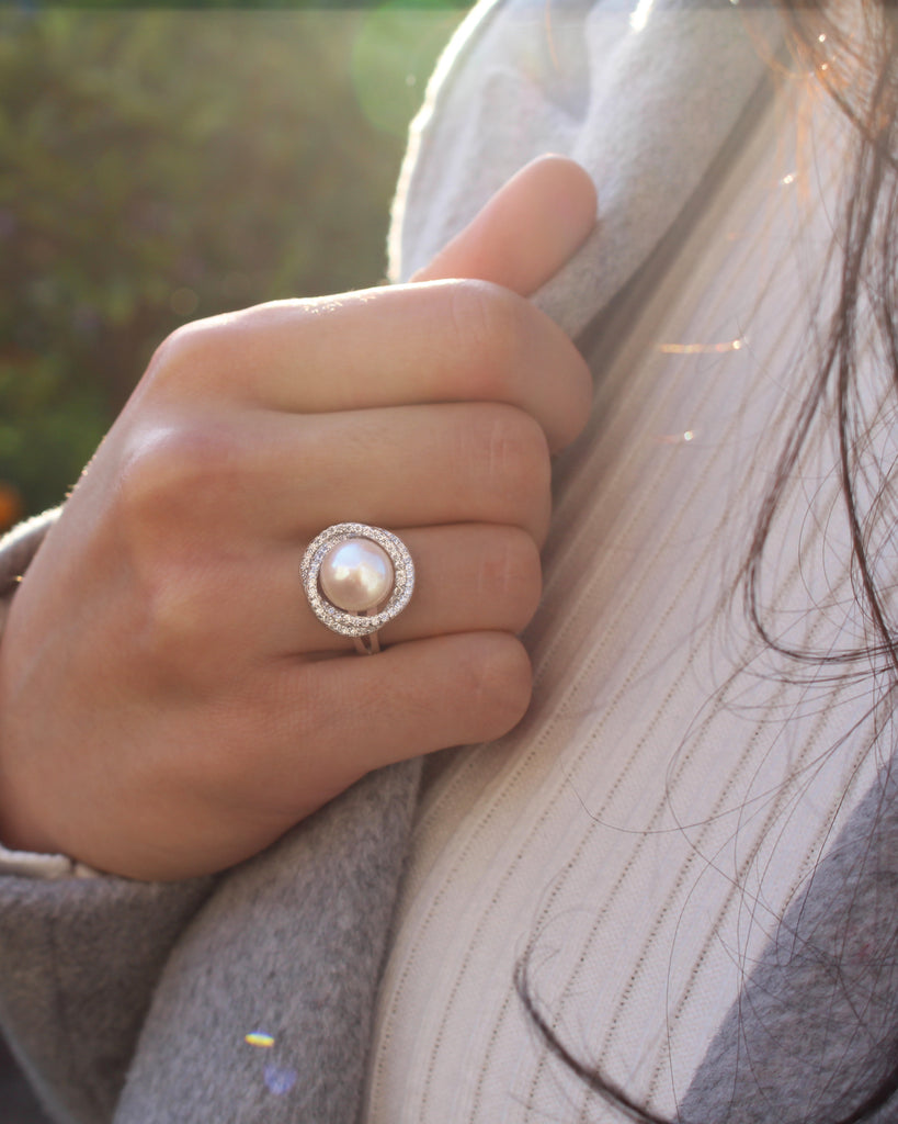 Sterling Silver Cubic Zirconia Freshwater Pearl Ring