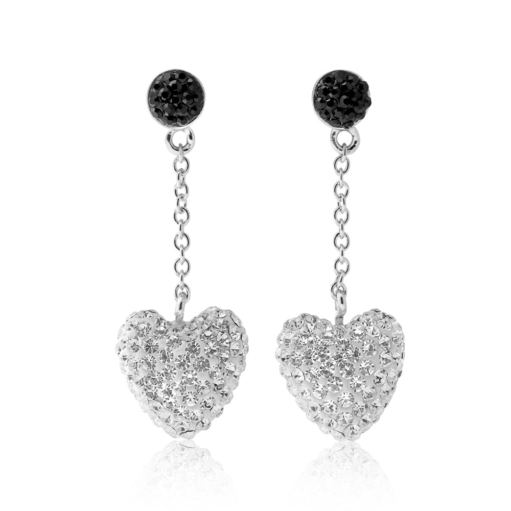 Sterling Silver Swarovski Crystal Black and White Heart Drop Earrings
