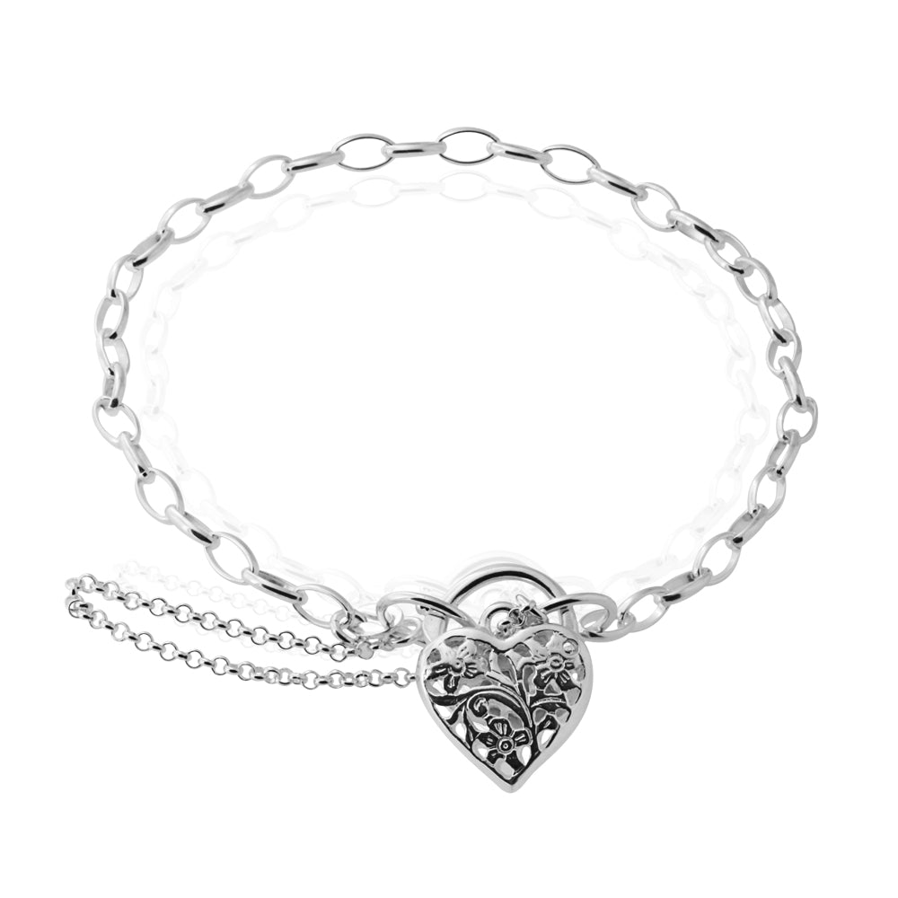 Sterling Silver 19cm Filigree Heart Belcher Padlock Bracelet
