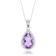 Load image into Gallery viewer, Sterling Silver Amethyst Pear 8x12mm and Zirconia Pendant with 45cm Chain