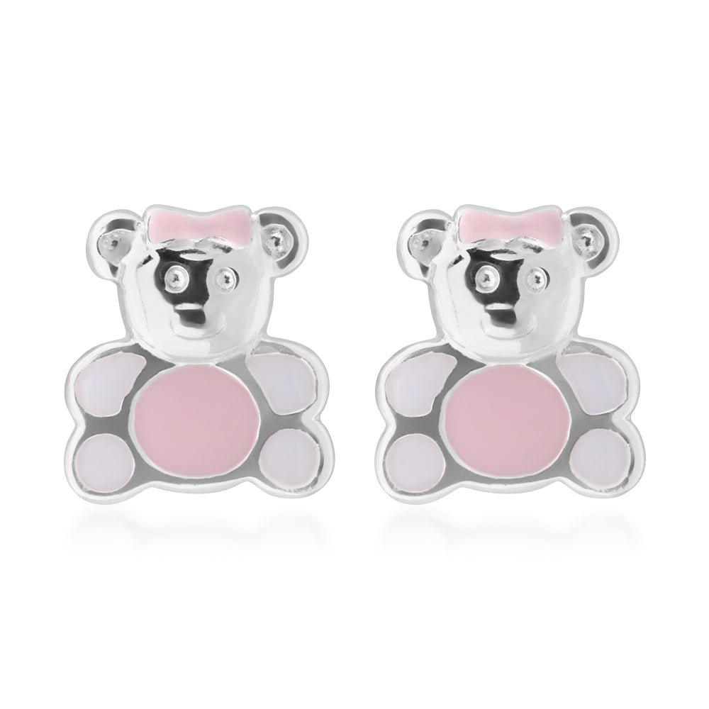 Sterling Silver Pink and White Enamel Teddy Bear Studs