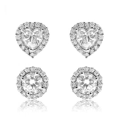 Sterling Silver 2 Set Round and Heart Zirconia Set Stud Earrings 7.5mm, 8.5x7.9mm