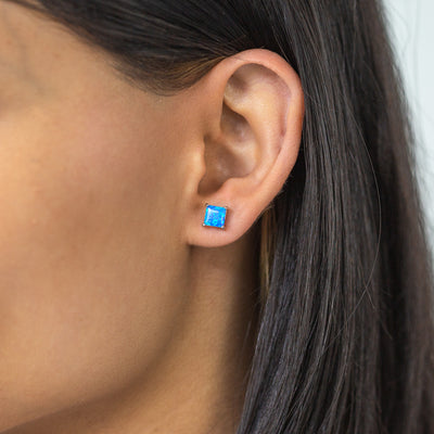 Sterling Silver 6mm Simulated Blue Square Stud Earrings