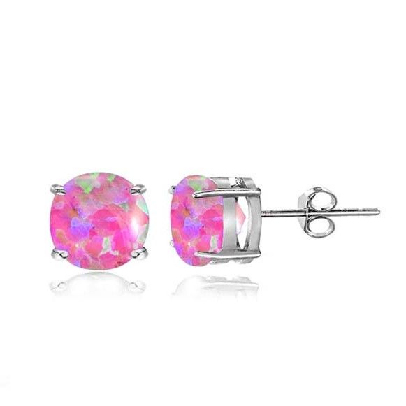 Sterling Silver 6mm Simulated 4 Claw Pink Opal Stud Earrings