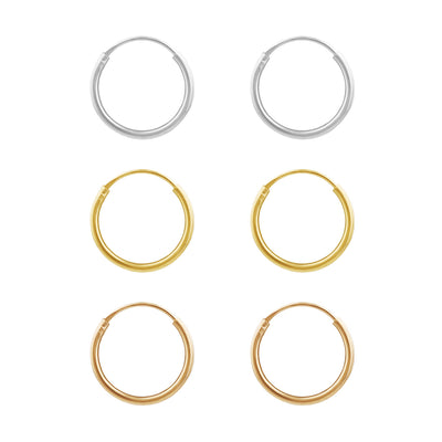Sterling Silver Gold and Rose Plated Set of 3 12mm Sleeper Earrings