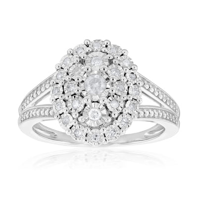 1/5 Carat Diamond Oval Cluster Ring with 27 Brilliant Diamonds in Sterling Silver