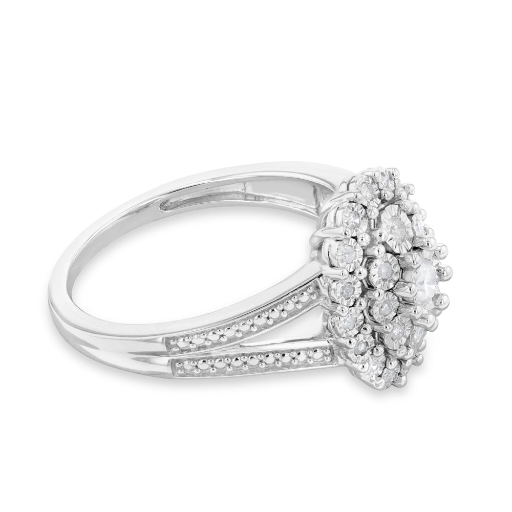Sterling Silver 1/5 Carat Diamond Oval Cluster Ring with 27 Brilliant Diamonds