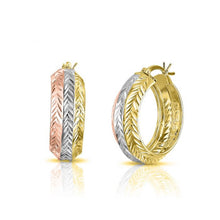Load image into Gallery viewer, Sterling Silver 9mmx25mm Rose and Gold Plated Patterned Fancy Hoop Earrings