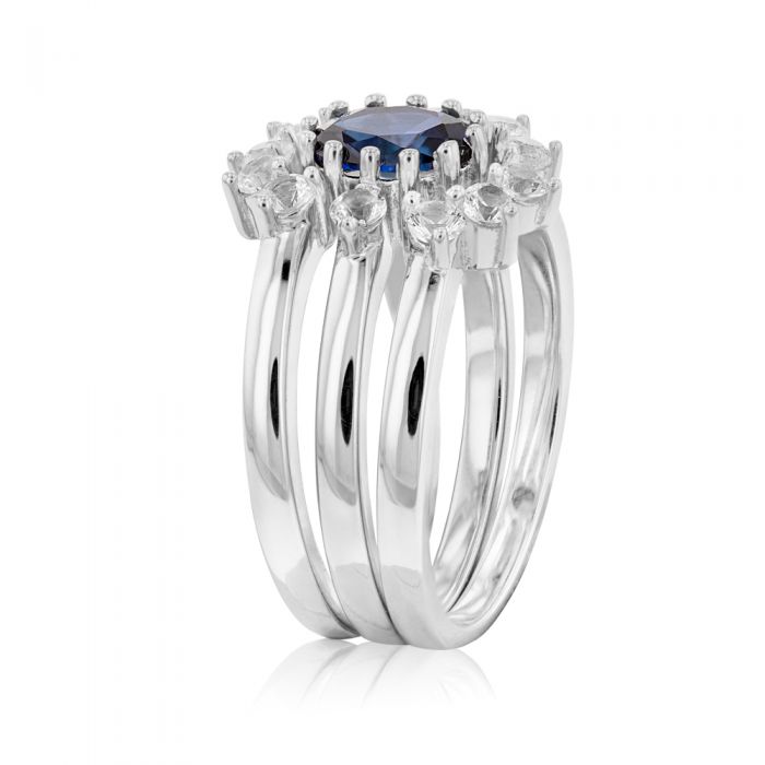 Sterling Silver Created Blue Sapphire and Created White Sapphire 3 Ring Set