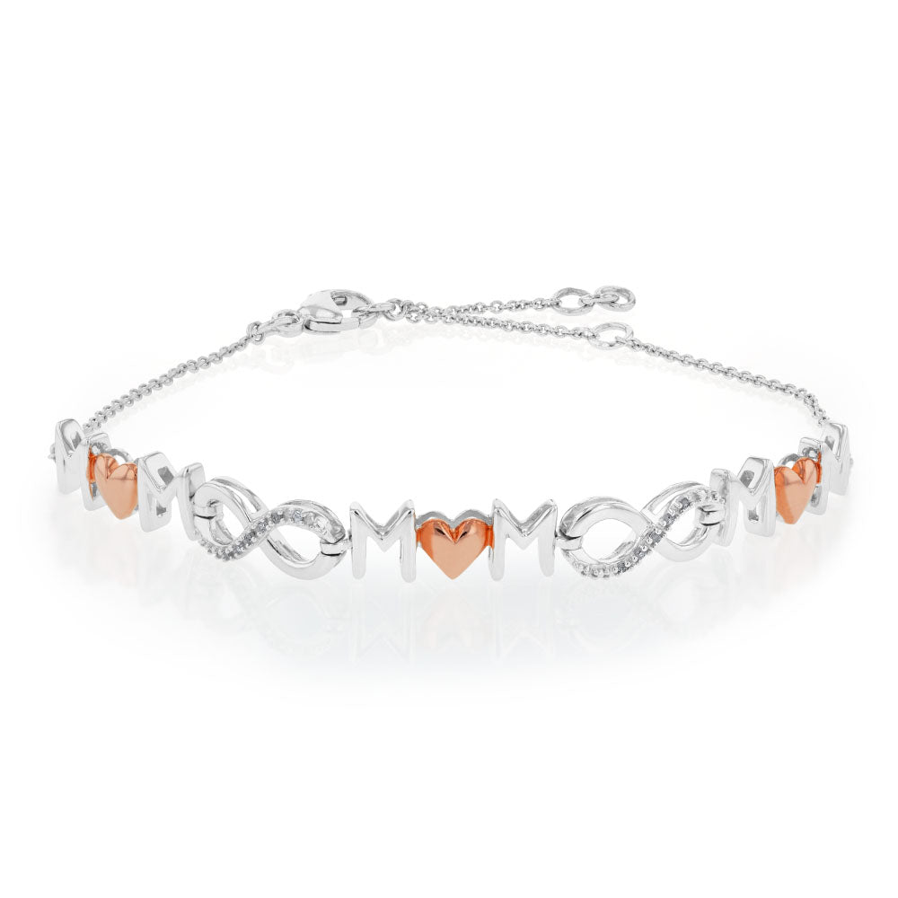 Rose Gold Plated Sterling Silver Diamond Mum Infinity Heart Bracelet 16-20cm