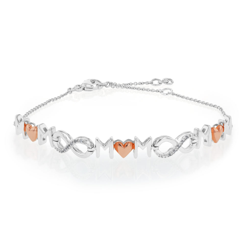 Rose Gold Plated Sterling Silver Diamond Mum Infinity Heart Bracelet 16-20cm