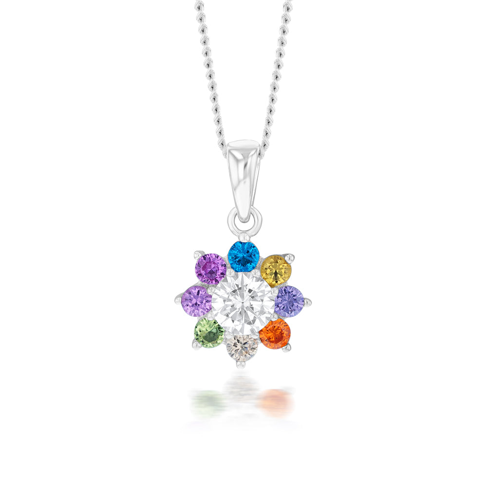 Sterling Silver  Rainbow Multicoloured Crystal Flower Pendant
