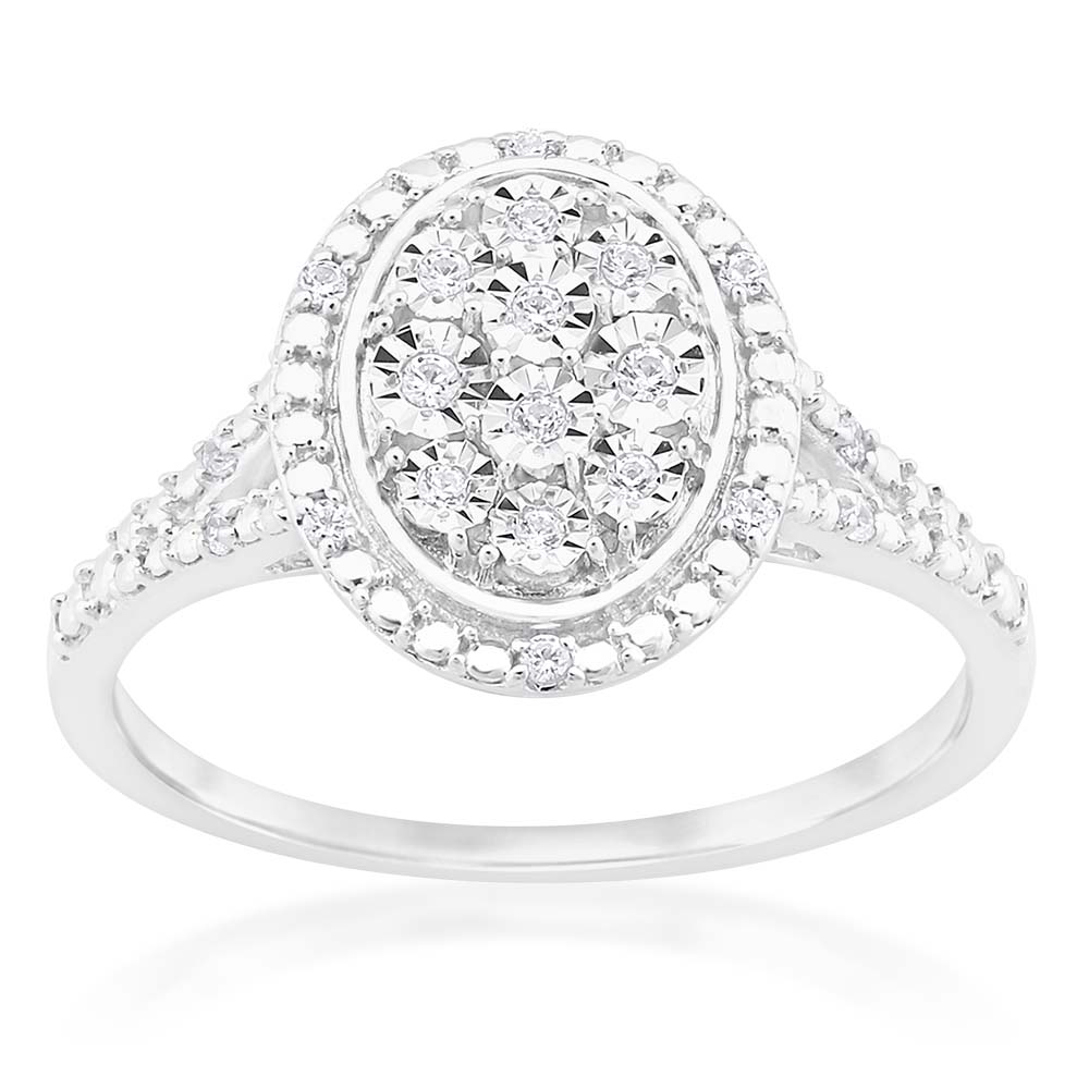 Silver Diamond Oval Cluster Ring with 20 Diamonds