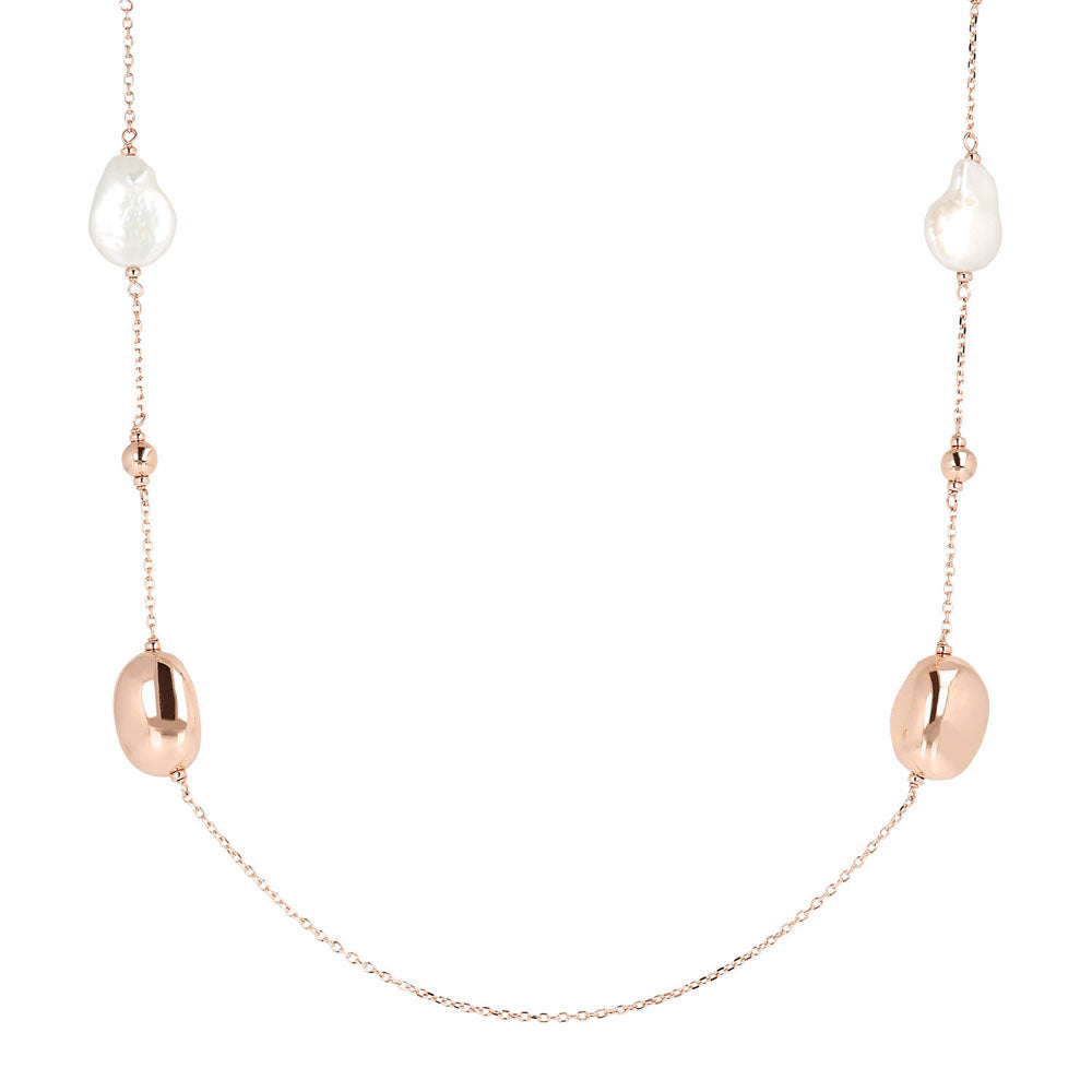 Bronzallure Maxima Rose Gold Plated Baroque White Pearl 91cm Chain