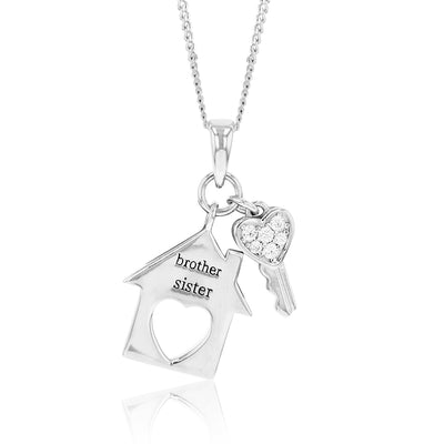 Sterling Silver Cubic Zirconia Home And Key Brother Sister Pendant