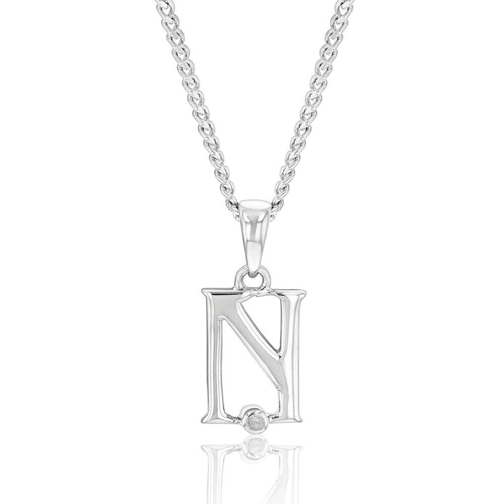 Silver Pendant Initial N set with Diamond