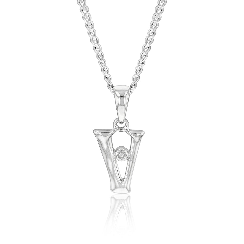 Silver Pendant Initial V set with Diamond