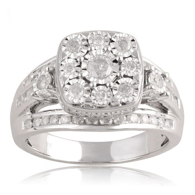 Sterling Silver 1 Carat Diamond Cushion Shape Cluster Shape Dress Ring