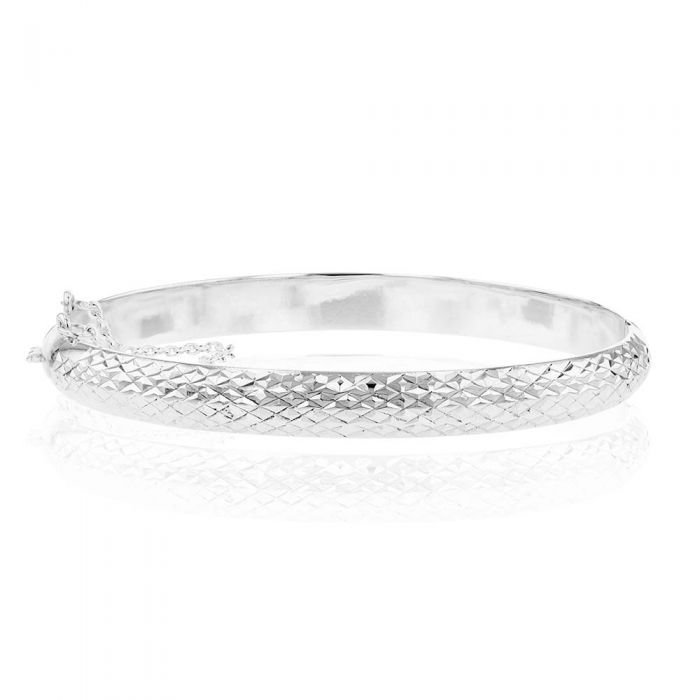 Sterling Silver Textured 7mm Hinged With Saftey Chain Bangle
