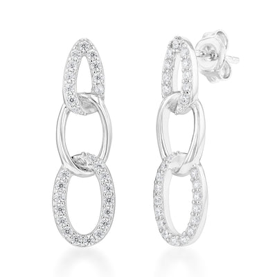 Sterling Silver Cubic Zirconia On Link Rhodium Plated Stud Earrings