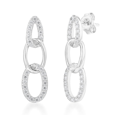Sterling Silver Cubic Zirconia On Link Rhodium Plated Stud Earrings