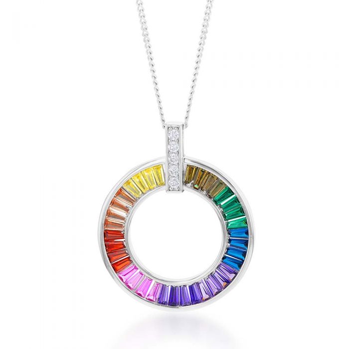 Sterling Silver Rainbow Multicolour Cubic Zirconia On Open Circle Pendant
